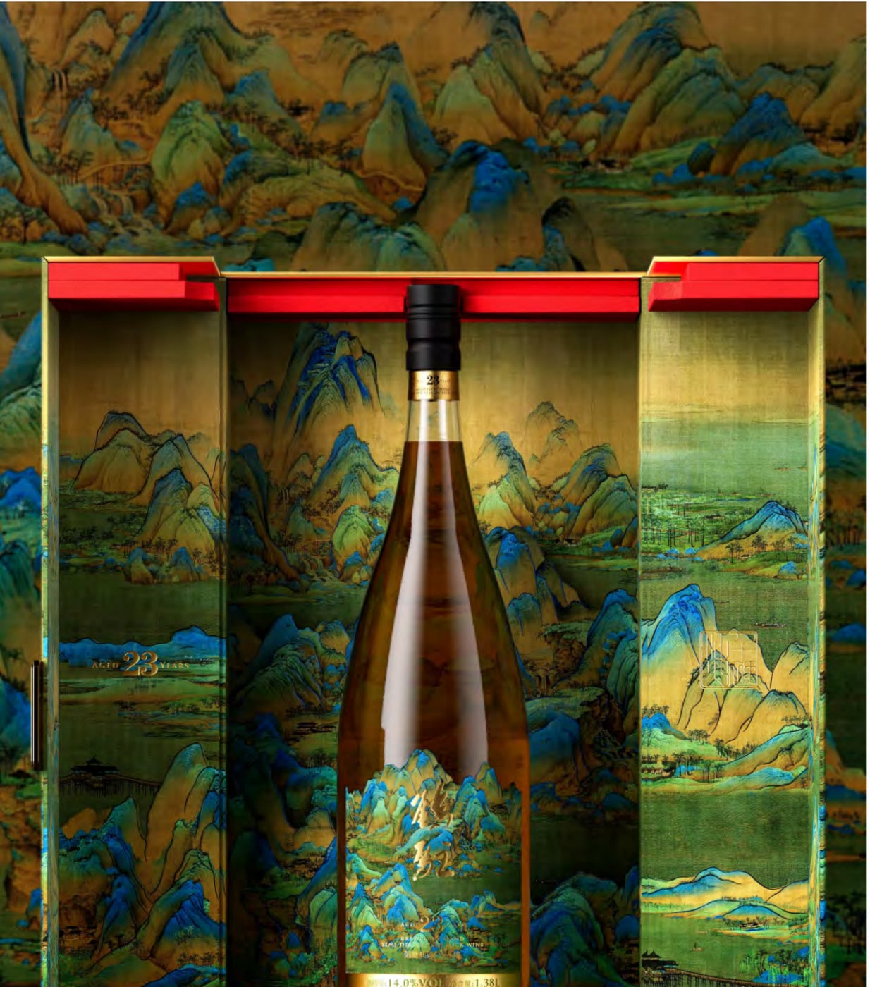 An open double-door gift box with red lining and gold trim, a bottle standing at the center, against a full blue-green landscape backdrop